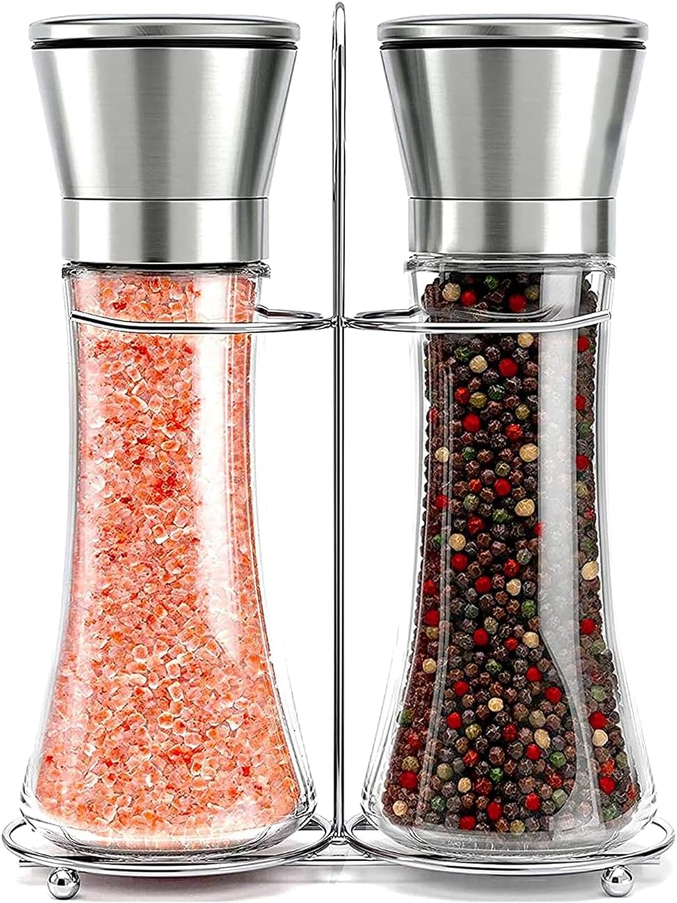 Willow & Everett Salt and Pepper Grinders - Set of Premium Stainless Steel Mills w/Stand – Tall Shakers w/Adjustable Coarseness - Salt & Pepper Mills w/Lids