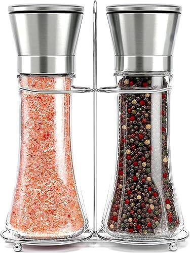 Willow & Everett Salt & Pepper Grinder Set with Stand - Stainless Steel Manual Mills & Holder with Adjustable Coarseness, Refillable Design for
