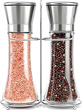 Willow & Everett Salt and Pepper Grinders - Set of Premium Stainless Steel Mills w/Stand – Tall Shakers w/Adjustable Coarseness - Salt & Pepper Mills w/Lids