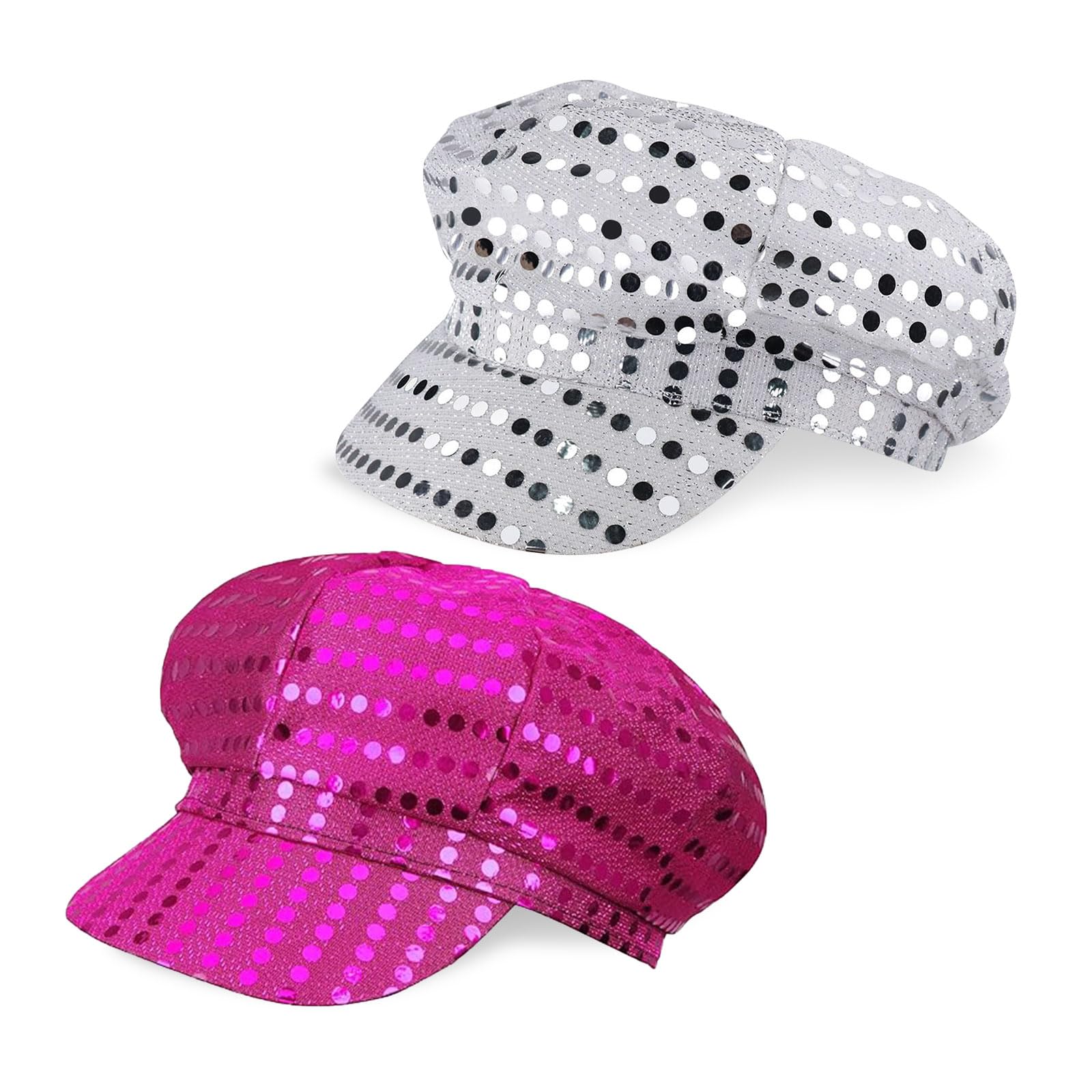 EUPSIIU 2 Pcs 70s Sequins Hat Abba Hat for Women Girls,Silver and Rose Glitter Disco Party Hats,Abba Fancy Dress Costume Accessories for Cosplay Retro Party Disco Hen Parties Night (Silver,Rose)