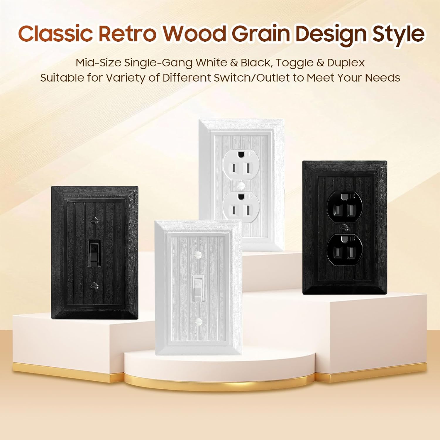 4-Pack White Outlet Covers Plate, Classic Retro Wood Grain Design Style, Modern Decorative Electric Receptacle Light Switch Cover Plates (1-Gang Duplex Mid-Size)