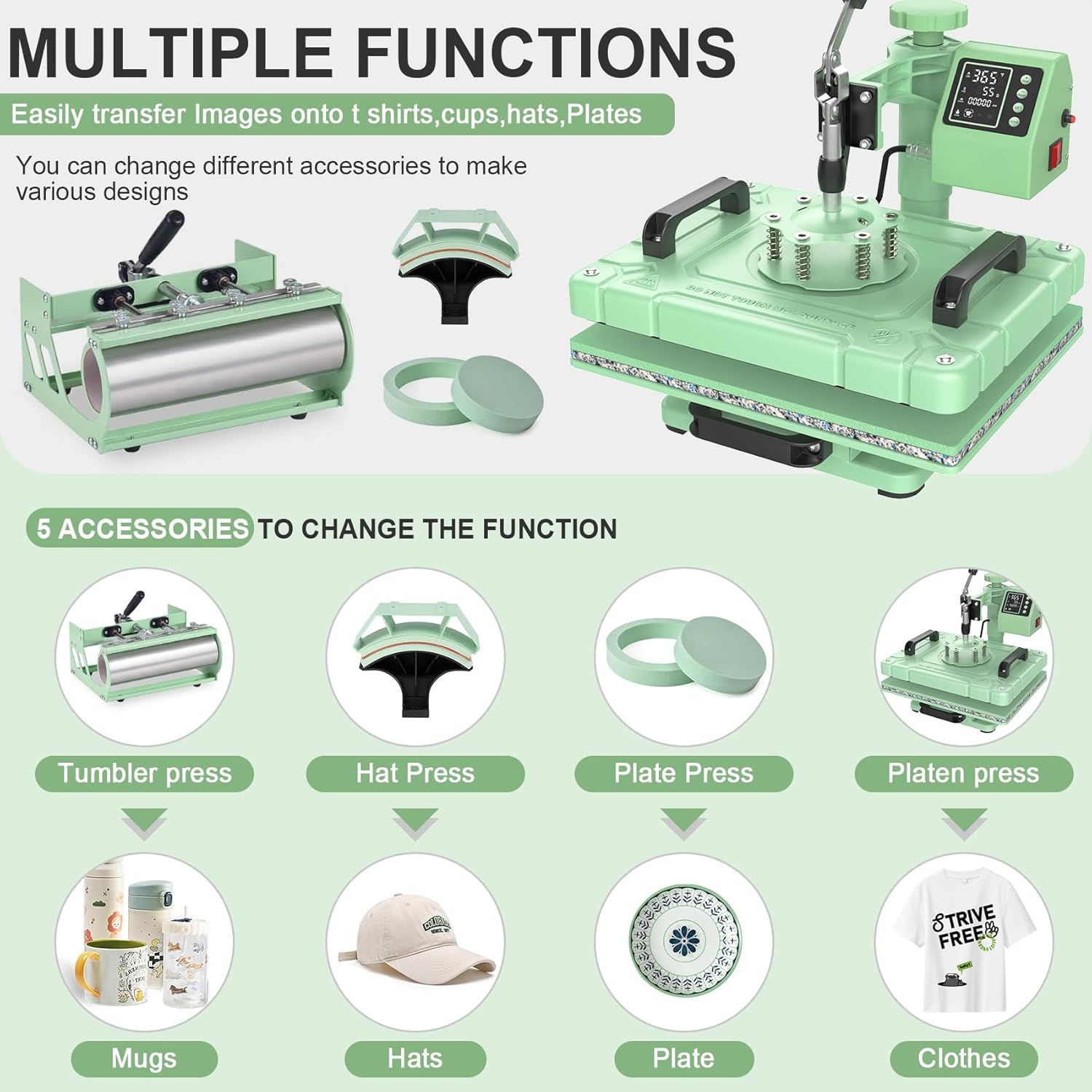 Seeutek Heat Press 5in 1 Heat Press Machine 12x15 Inch Sublimation T Shirt Pressing with 30OZ 20OZ Tumbler Heat Press 360° Swing Away Multifunction Heat Transfer Combo for T-Shirts, Hats, Mugs, Plates