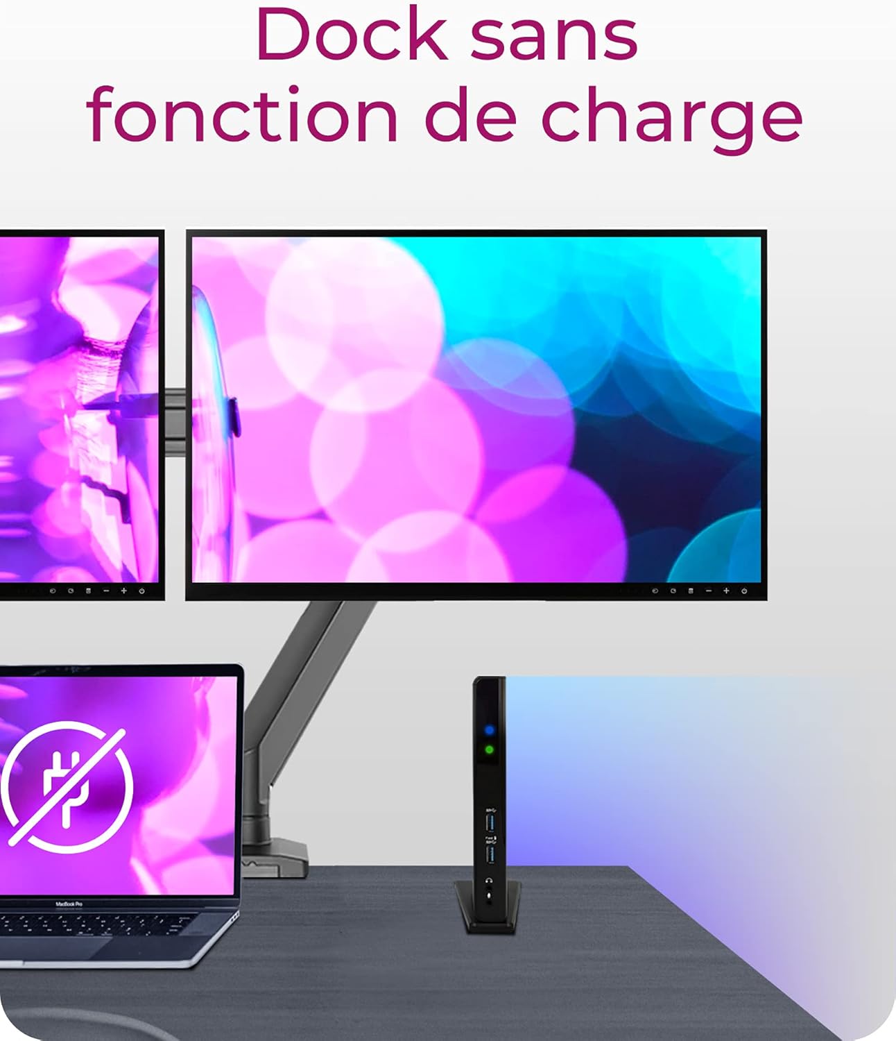 Image showing a laptop connected to a docking station with a 'no charging' symbol, indicating the dock does not provide power delivery for the laptop.