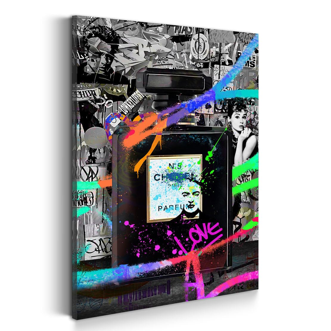ARTEDinoi Tableau moderne sur toile flacon de parfum avec graffiti décoration murale Taille 90x60x2cm