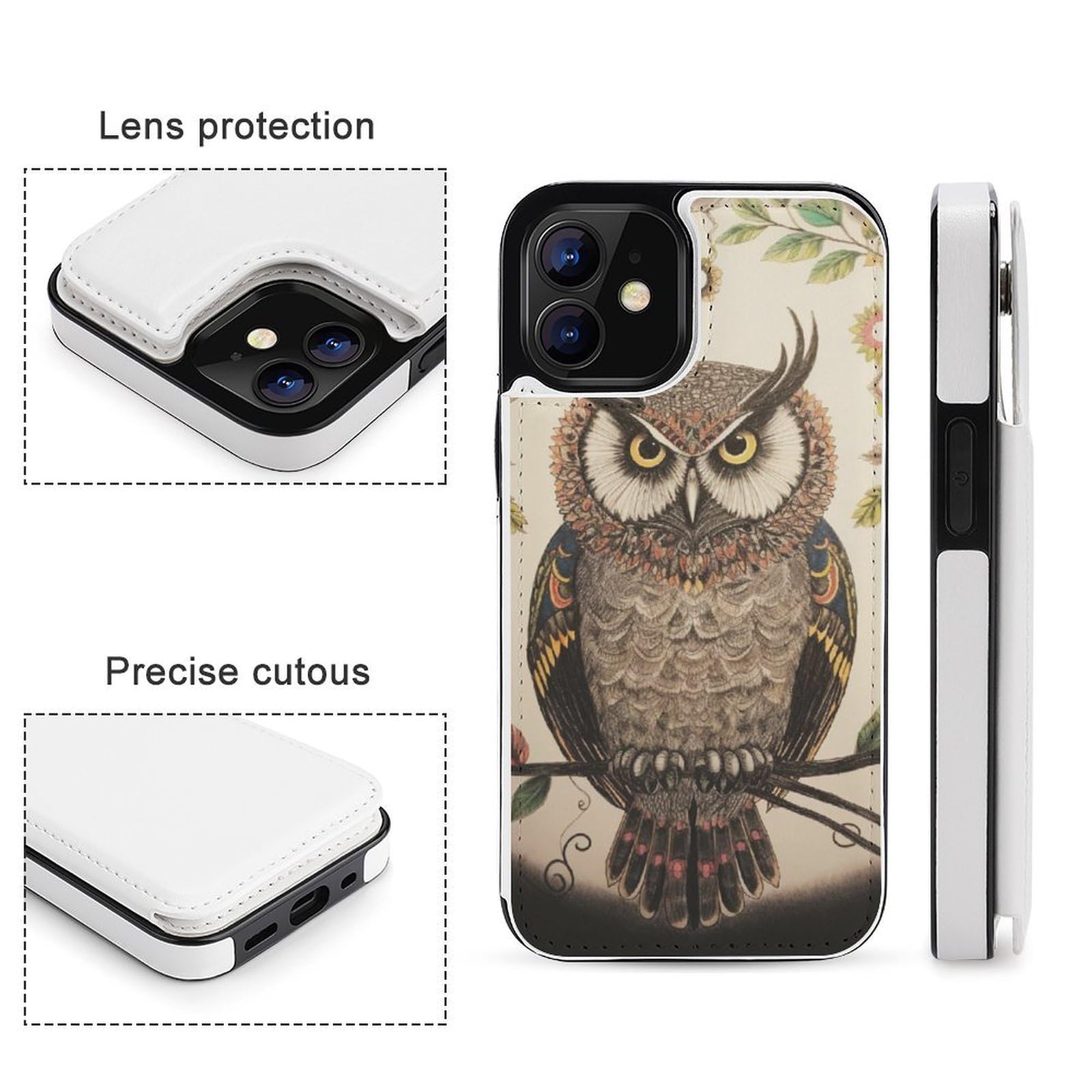 Fundas tipo cartera para iPhone 12, diseño de búho, de piel, con ranuras para tarjetas