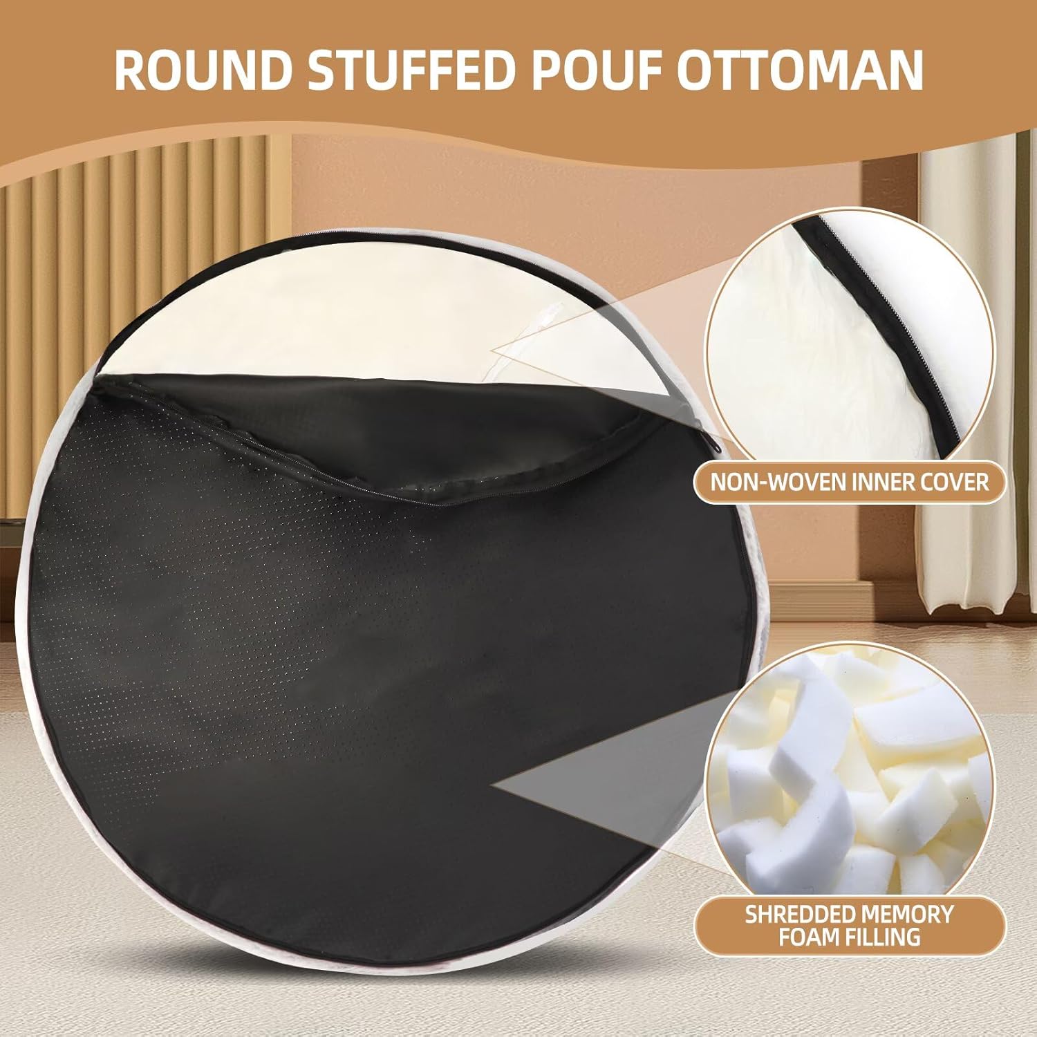 Round Stuffed Pouf Ottoman Foot Rest for Couch Round Ottoman with Foam Chunk Filling Stripe Faux Fur Ottomans for Living Room Floor (20"x15",Light Grey)