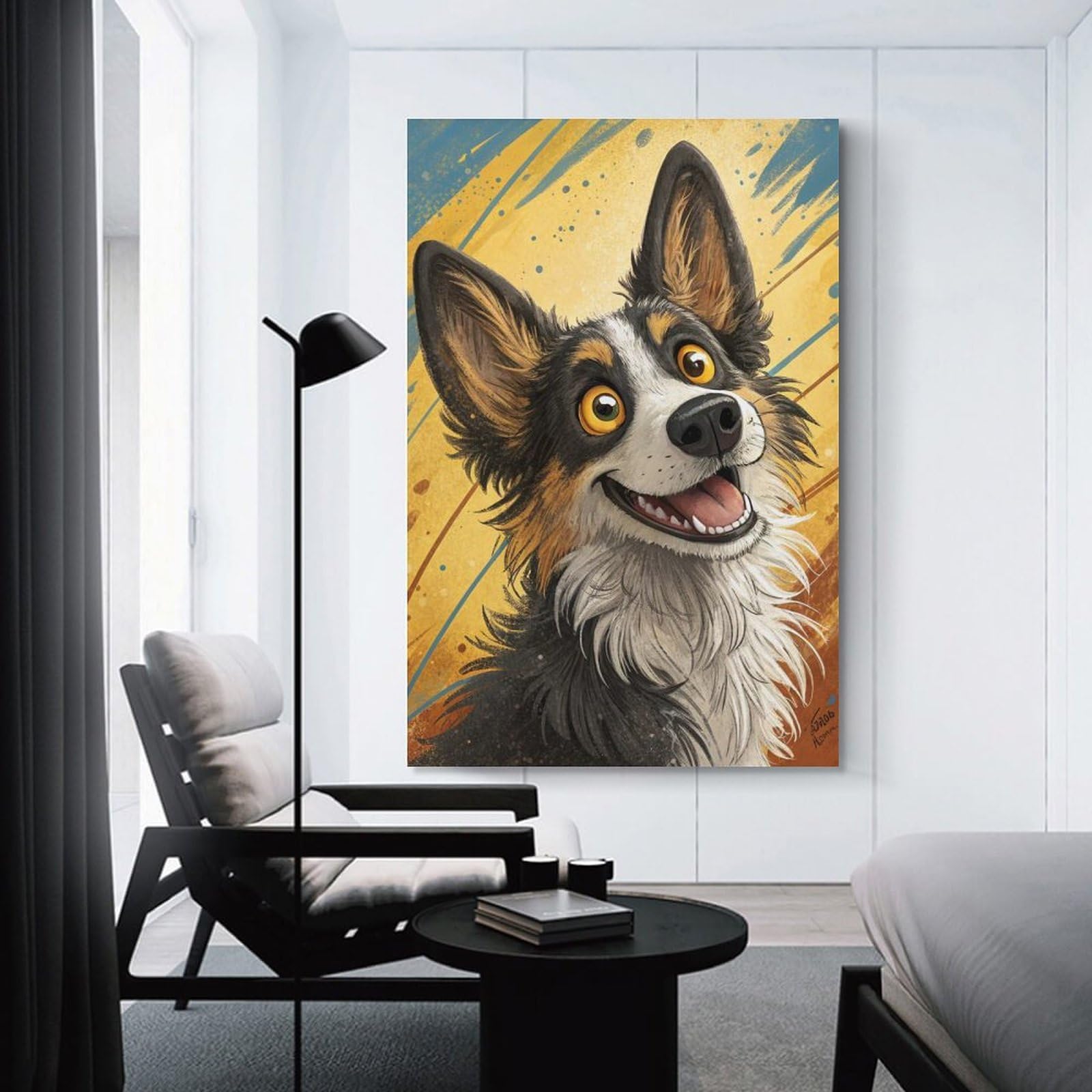 Junmoney Happy Dog Portrait Wall Art Print 16x24inch(40x60cm), for Hallway, Entryway Or Landing, Wall Decor to Refresh Empty Corners, for Cosy Room Updates