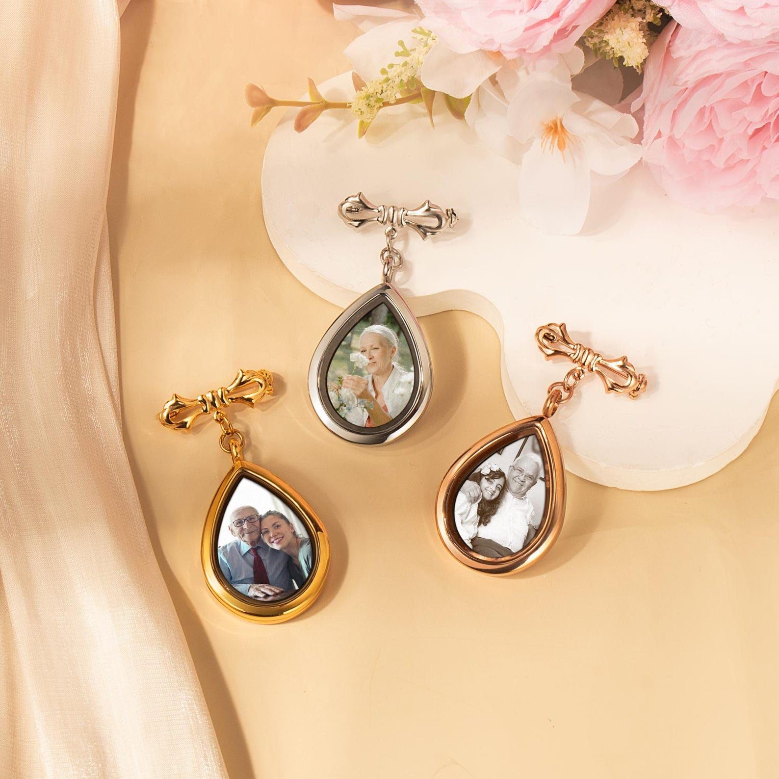 Broche avec photo, forme goutte, style cérémonie