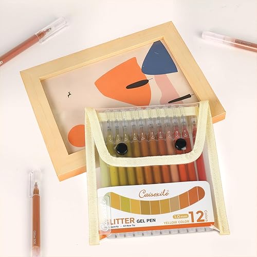 Miniatura 7 de Juego de 12 bolígrafos de gel con purpurina amarilla, punta fina de 0.039 pulgadas para papel negro y papel blanco, bolígrafos de gran capacidad