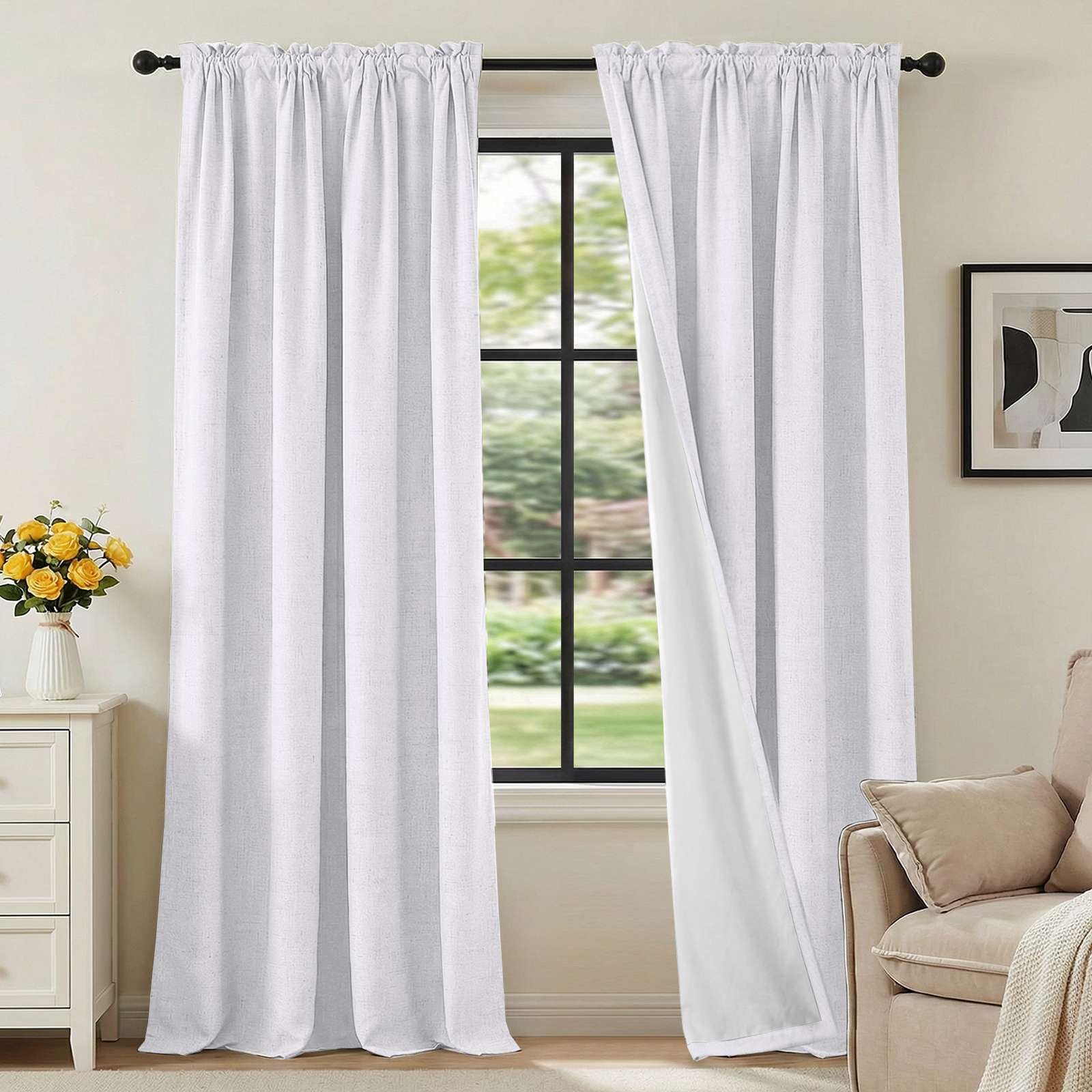 H.VERSAILTEX Linen Look 100% Blackout Bright White Curtains 84 Inches Long for Bedroom Full Light Blocking Rod Pocket Linen Textured Thick Window Curtain Drapes with White Backing, 2 Panels
