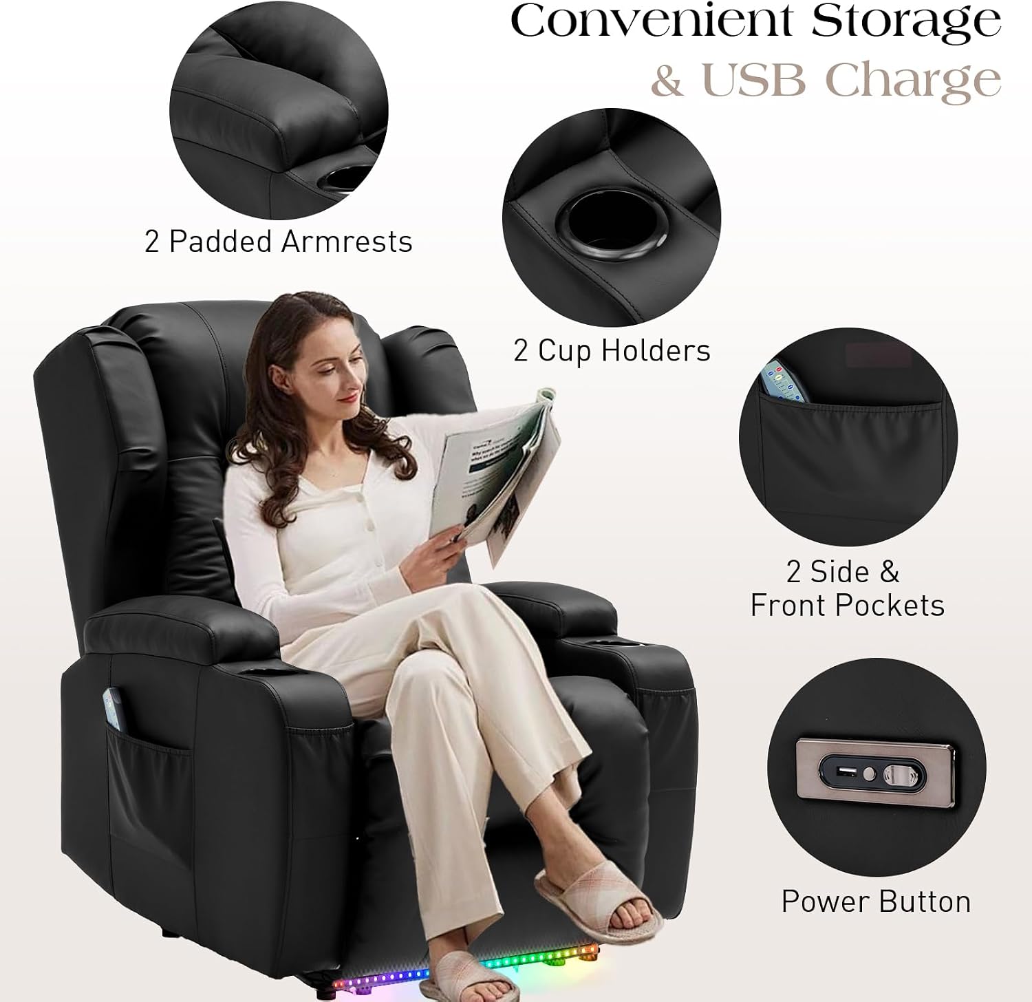 Power Recliner Chairs for Adults with Massage and Heat,Single Faux Leather Recliner Chair Sofa Reclinable Home Theater Seating with LED Lights,Cup Holders,Reclining Chair for Living Room (Black)