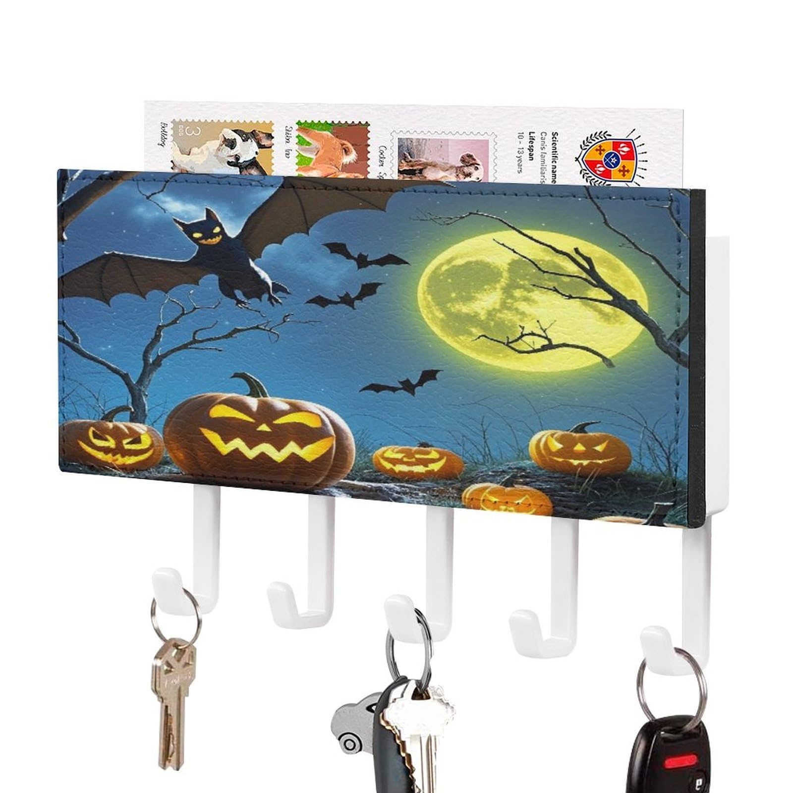 Fekiloot White-Style Bats And Pumpkins Key Holder Wall Mount Key And Mail Holder Key Hanger With 5 Hooks Decorative Pu Key Rack Hanging Key Hooks For Wall Living Room Kitchen Bathroom Hallway
