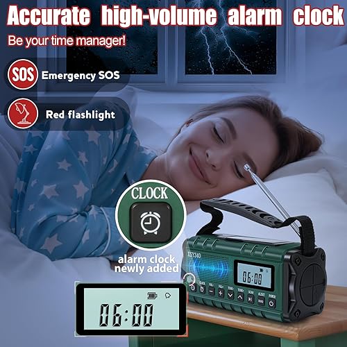 Miniatura 6 de Radio de emergencia NOAA de alerta meteorológica con energía solar y manivela de mano USB-C carga portátil radio AMFM 3W, lámpara de lectura,