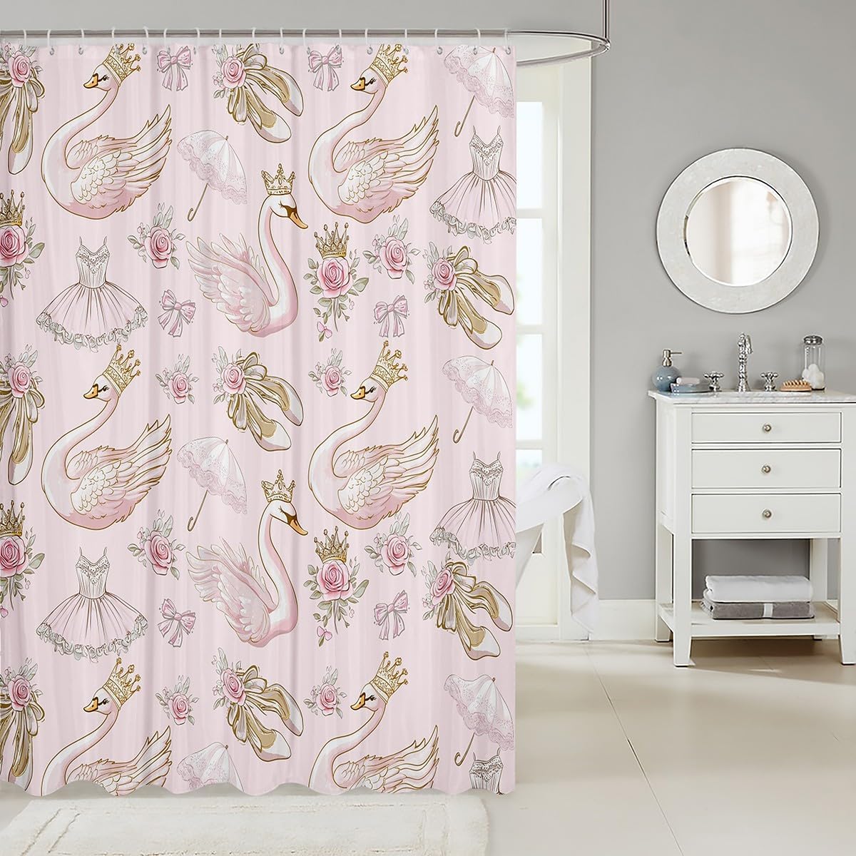 Manfei White Swan Bathroom Curtains for Kids Swan Lake Ballet Dance Theme Pink Shower Curtains,Princess Crown Bowknot Romantic Roses Flowers Bath Curtains with 12 Hooks,Waterproof,72" W x 78" L