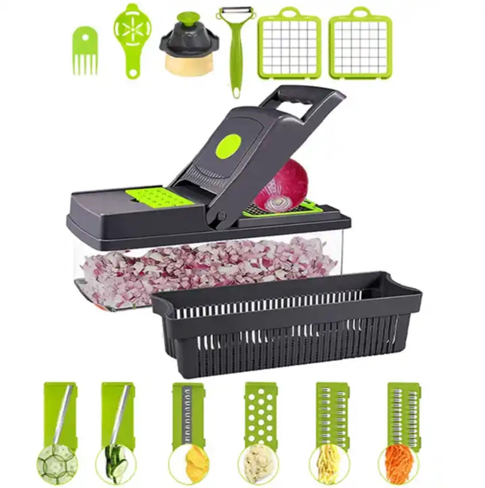 KitchenHelper 15 in 1 Mandoline - Food Chopper, Cutter, Dicer, Grater, Peeler, Slicer, Egg Separator, and Rinse Basket
