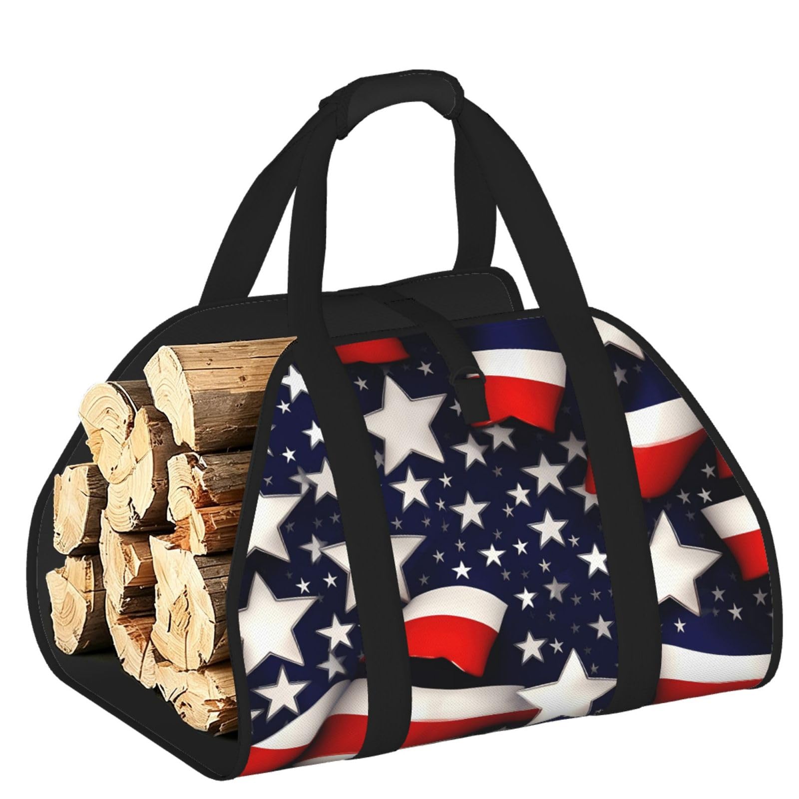American Flag Stars Stripes Printed Firewood Carrier Bag, Log Tote with Open-Ended Design for Camping Outdoor Wood Hauling