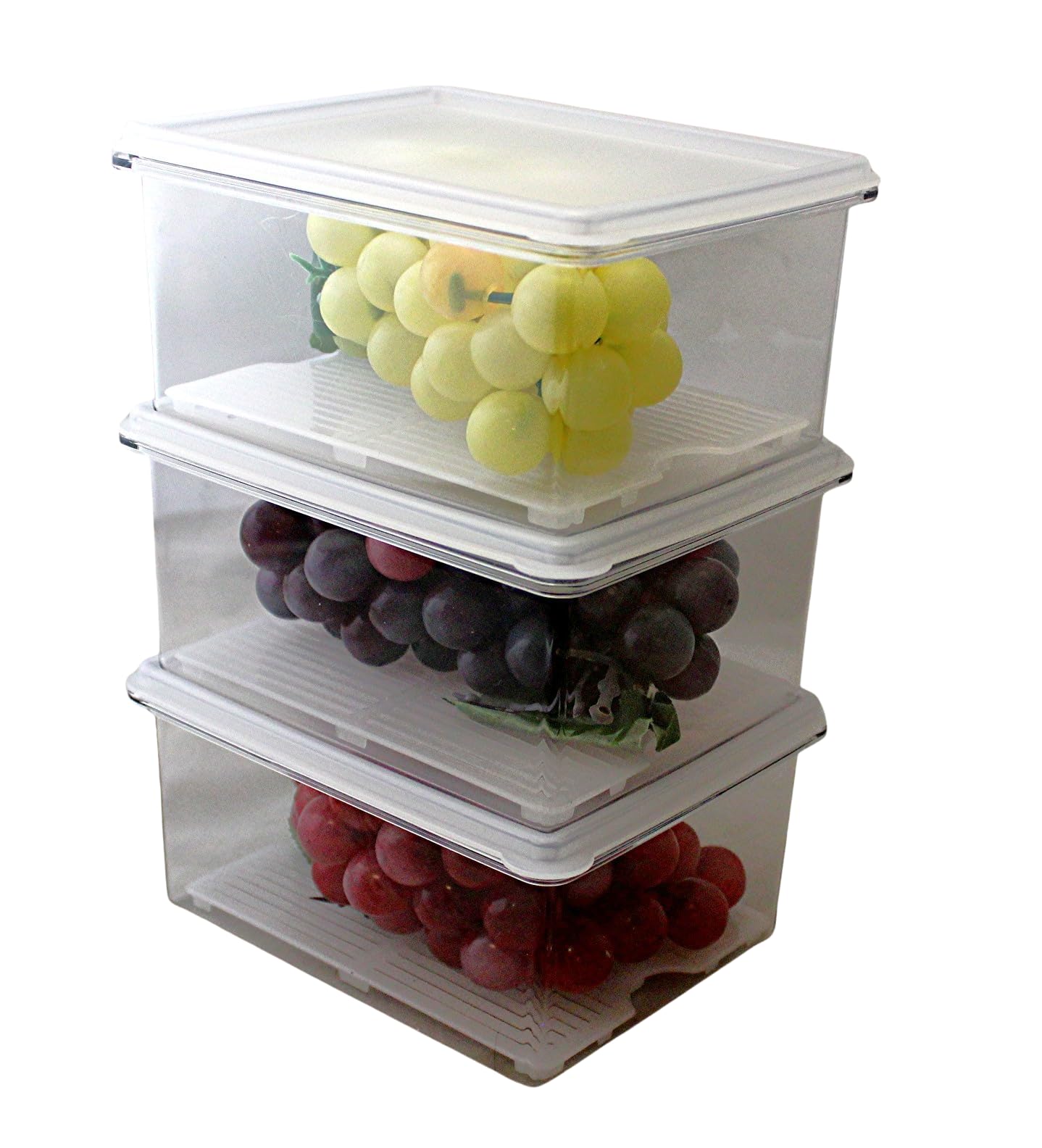 Dependable Industries inc. Essentials 3 recipientes herméticos de almacenamiento de alimentos de 1,4 L con bandeja de drenaje extraíble, sin BPA, organizador apilable para frutas, verduras, carnes y