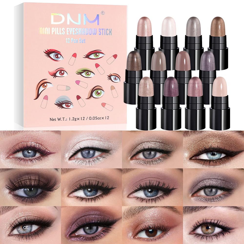 AMY'S DIARY Capsule Eye shadow Sticks Set, 12 Colors, Waterproof Smoky Eye Pencils, Champage Pearl Taupe Bronze Cocoa Shimmer Stone Putty shimmer