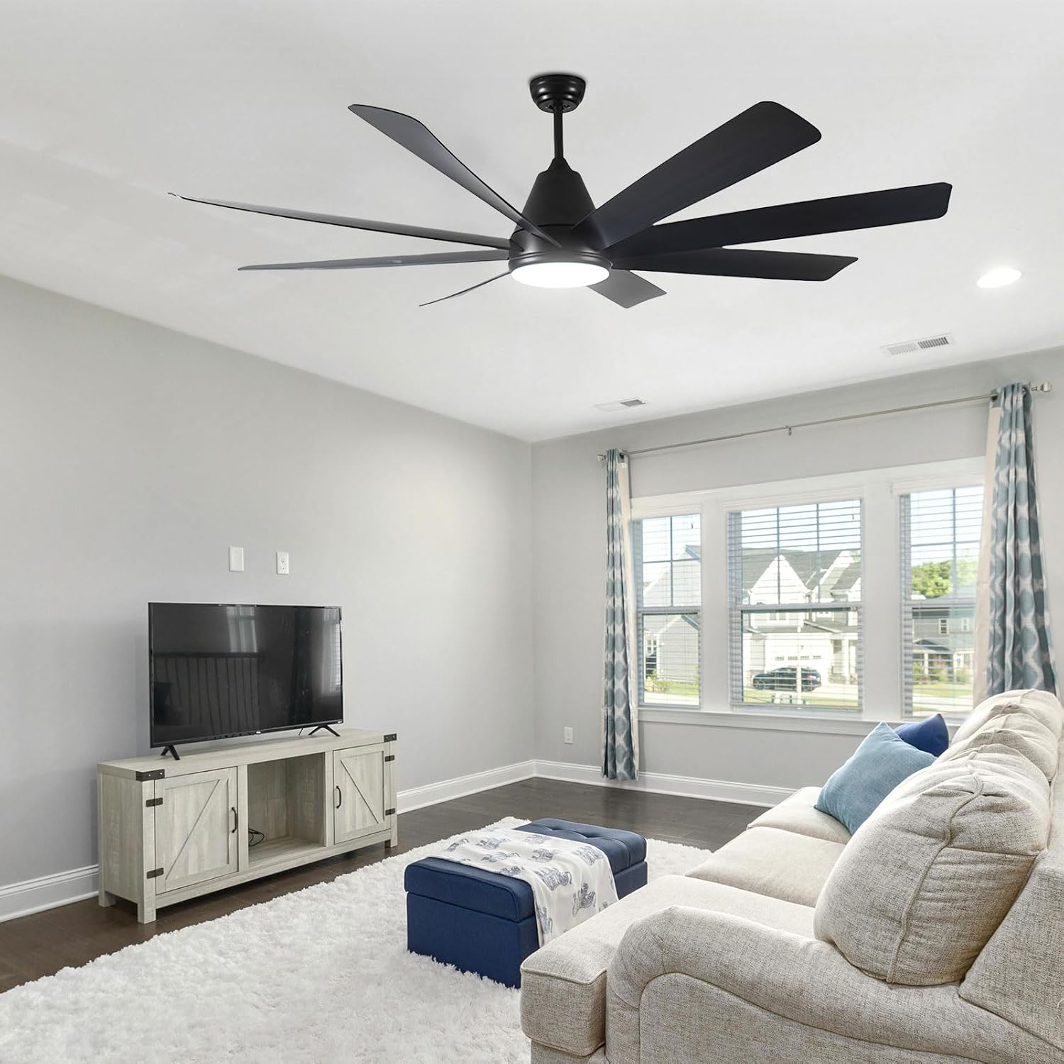72 Inch Large Ceiling Fan Light Modern Black Ceiling Fans with LED Lights and Remote, 6 Speed Reversible Quiet Ceiling Fan 8 Blades for Living Room Bedroom Farmhouse Indoor