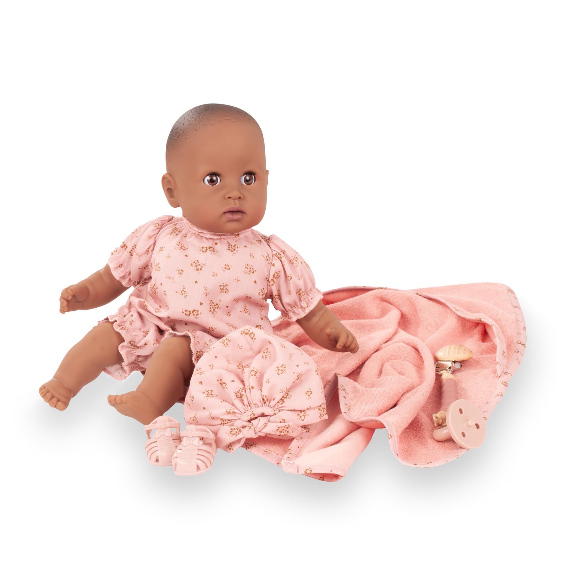 Götz 2616875 Cosy Aquini Millefleur Puppe 33 cm Badepuppe 8-TLG | für Kinder ab 3 Jahren, Babypuppe, ohne Haare, Weichkörper, braune Schlafaugen, Schnuller und Badetuch