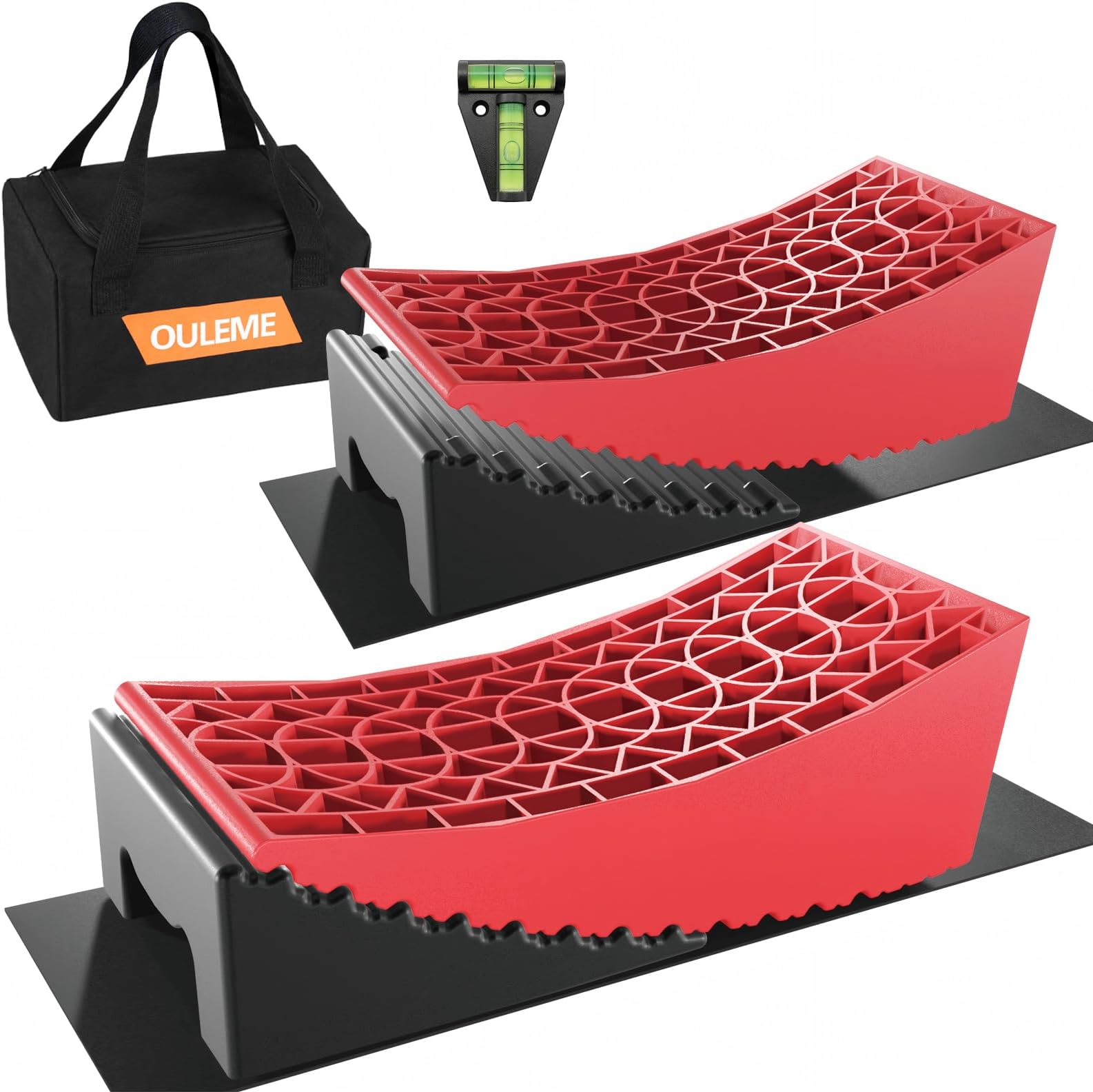 OULEME RV Leveling Blocks, Camper Leveler System 2 Packs for Dual Axle Tandem Wheel Travel Trailer, Include 2 Curved Leveler Ramp, 2 Chock, 2 Rubber Mat, 1 T Bubble Level, 1 Carry Bag