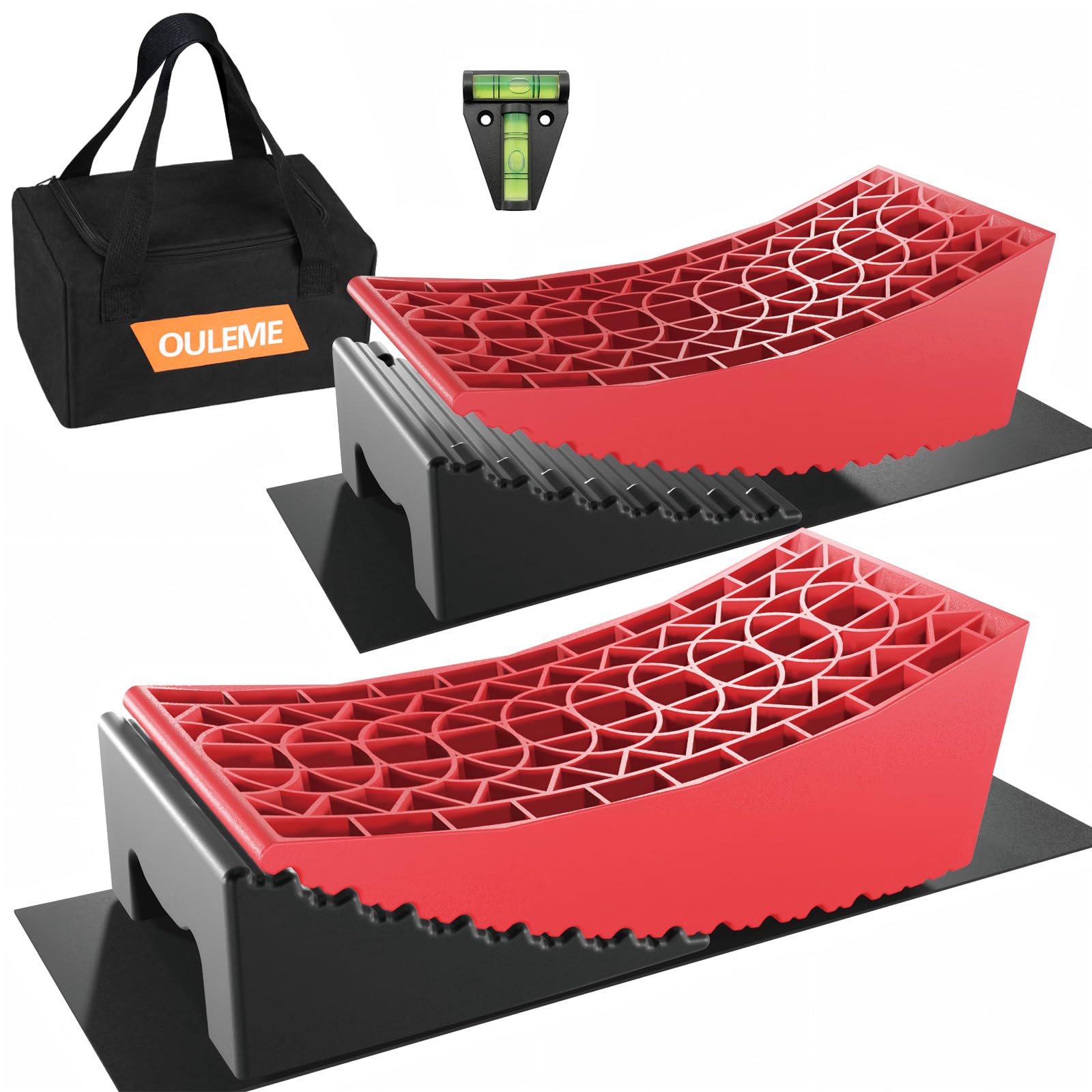 OULEME RV Leveling Blocks, Camper Leveler System 2 Packs for Dual Axle Tandem Wheel Travel Trailer, Include 2 Curved Leveler Ramp, 2 Chock, 2 Rubber Mat, 1 T Bubble Level, 1 Carry Bag