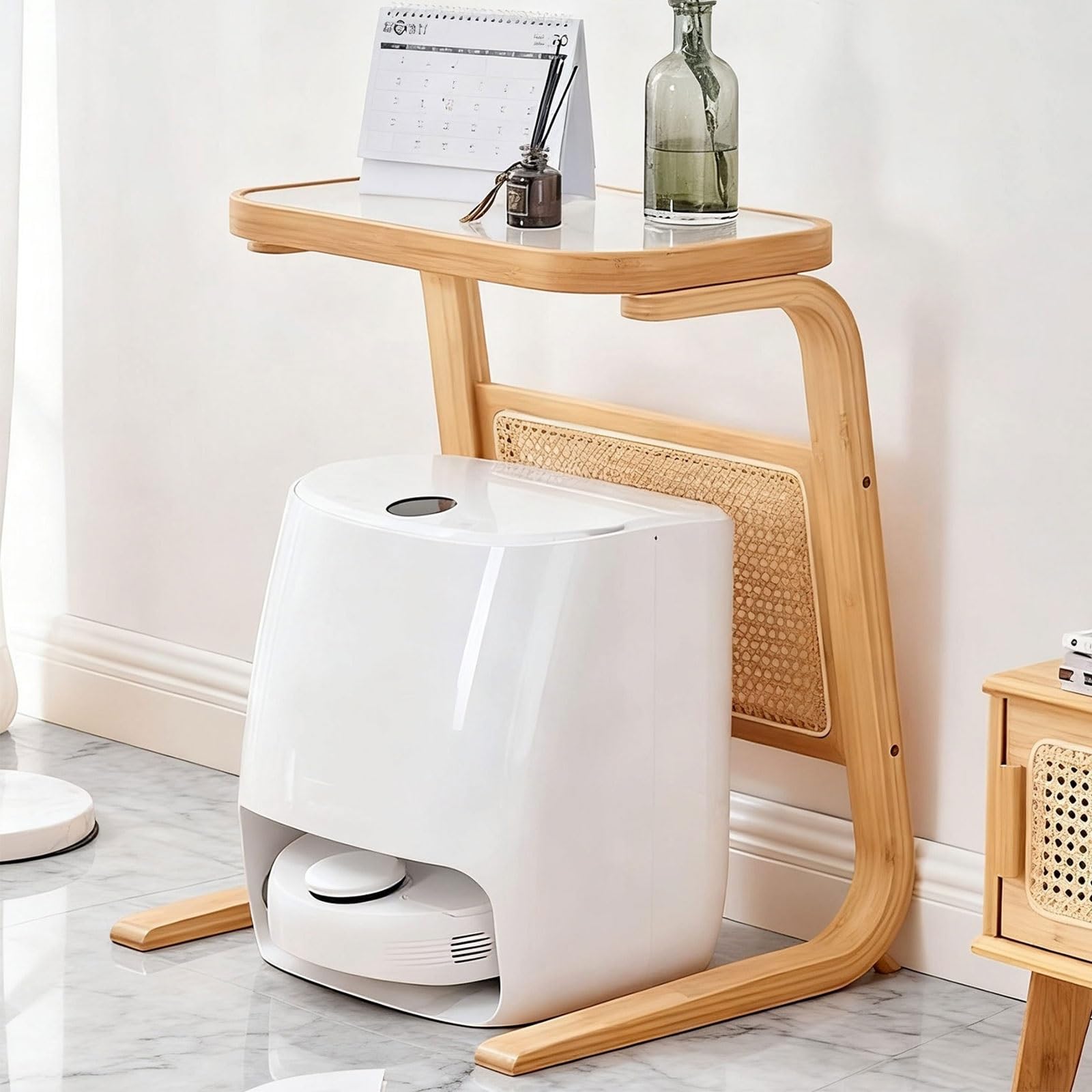 Armario de almacenamiento al vacío robot con mesa auxiliar de ratán de resina, soporte en forma de C para sala de estar, dormitorio, fácil cambio de agua