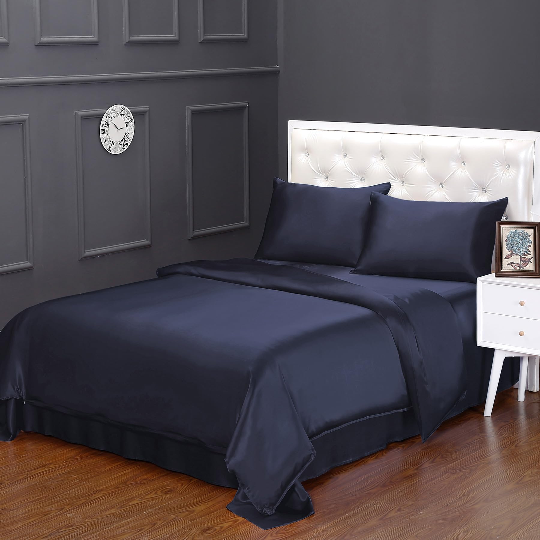 LILYSILK Silk Duvet Cover, 19 Momme 100% Pure Mulberry Silk Comforter Cover All Season, Breathable Super Soft Cozy for Double Bed (Navy Blue, Single 140x200cm)