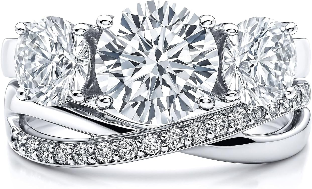 BERRICLE Sterling Silver 3-Stone Infinity Criss Cross Engagement Rings Statement Stackable Band for Women, 2 Carat Round Cut Cubic Zirconia CZ Ring Set - Image 2