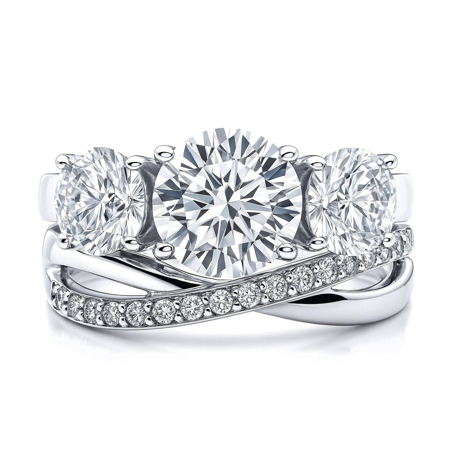 Juego de anillos de compromiso de boda de plata de ley con 3 piedras, 2 quilates, corte redondo, circonita cúbica, infinito, para mujer, chapado en rodio, Plata de ley Circonia cúbica 2