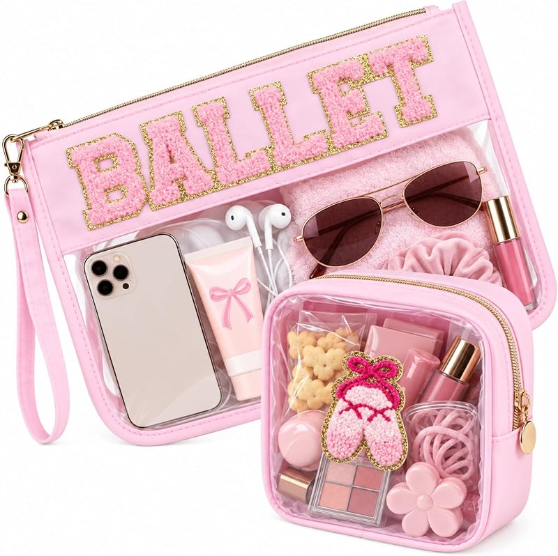 Necessaire PEVART transparente de PVC para maquiagem, com estampa de balé e patch de chenille, Pacote com 2