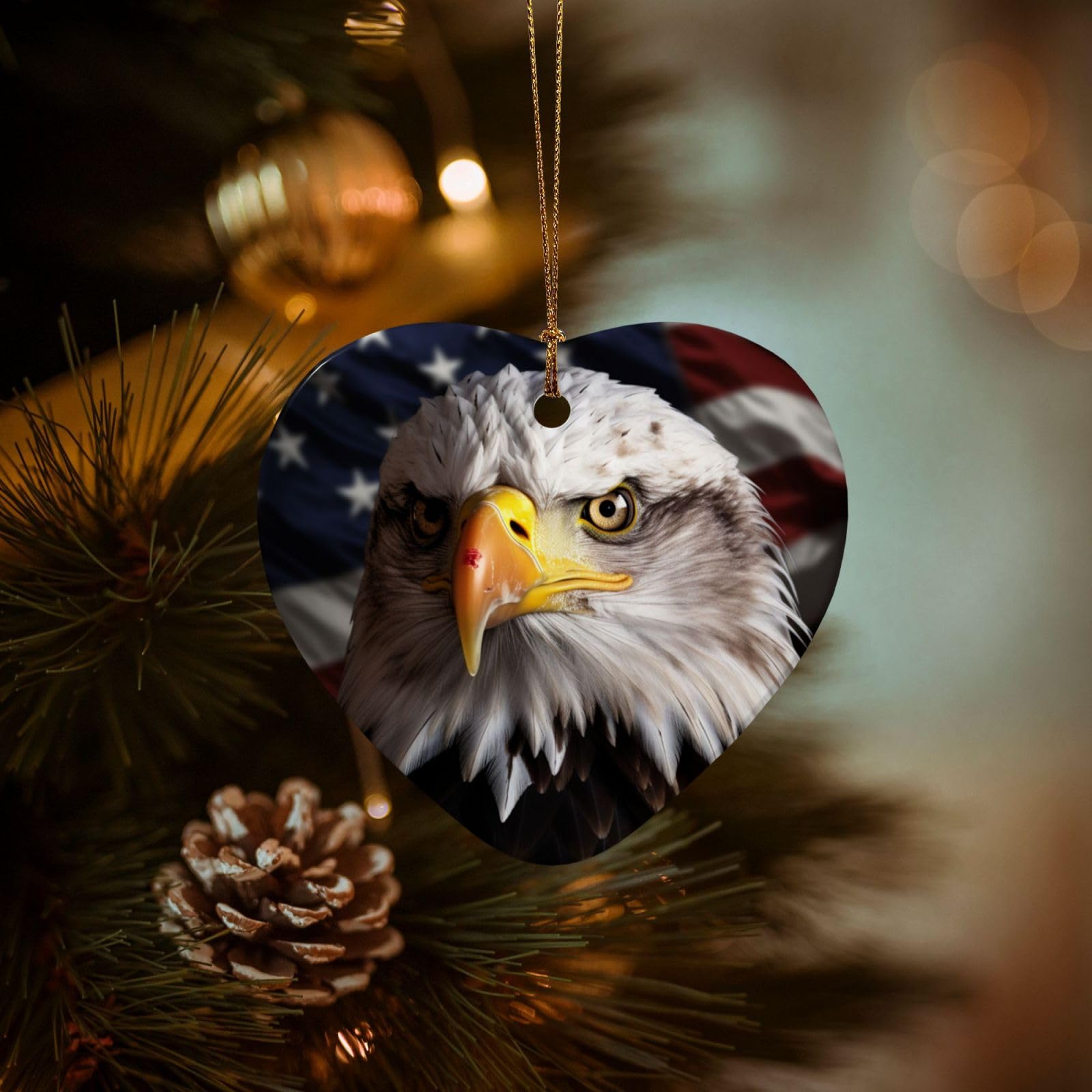 Christmas Ornaments for Christmas Tree Decoration Hanging America Flag and Eagle Ornament with Gold Ribbon Crafts Heart Shape Ceramic Pendant for Keepsake Gifts Xmas Decor Party Supplies