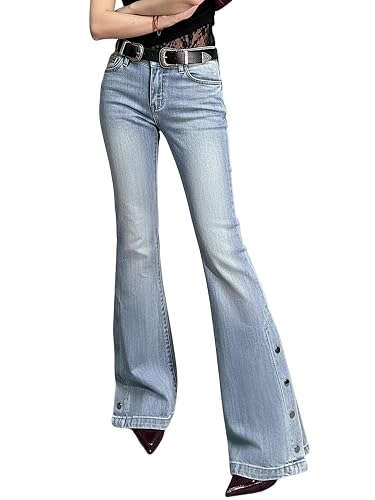 Women Bell Bottom Jeans Stretchy Flare Mid Rise Embroidery Vintage Denim Pants 90s Outfits Y2k Clothes - 6 - Classic - Light Blue With Buttons