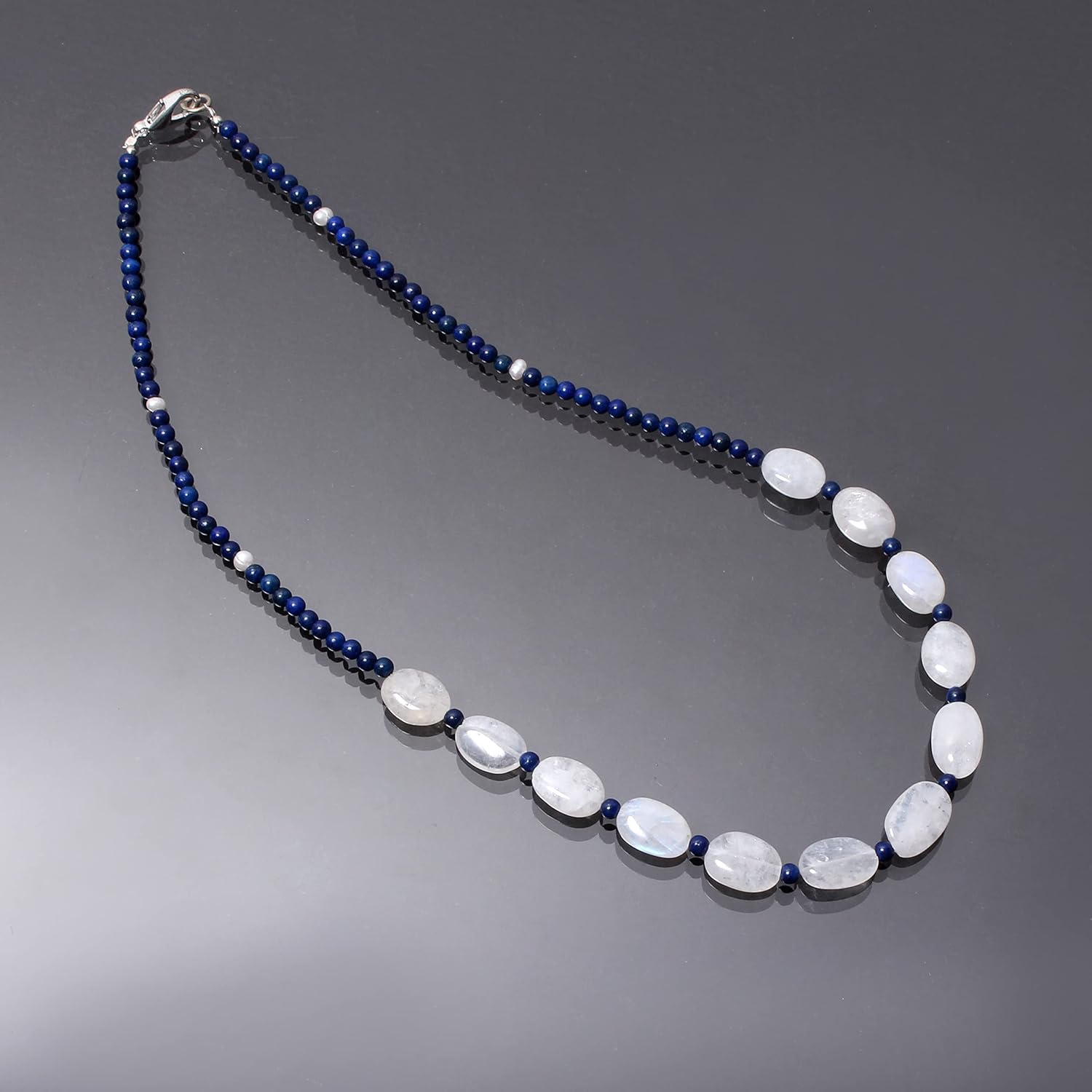 Natural Moonstone, Lapis Lazuli & Pearl Beaded Necklace, 925 Sterling Silver Clasp, Handmade Gemstone Jewelry for Women, Elegant Healing Crystal Necklace Gift