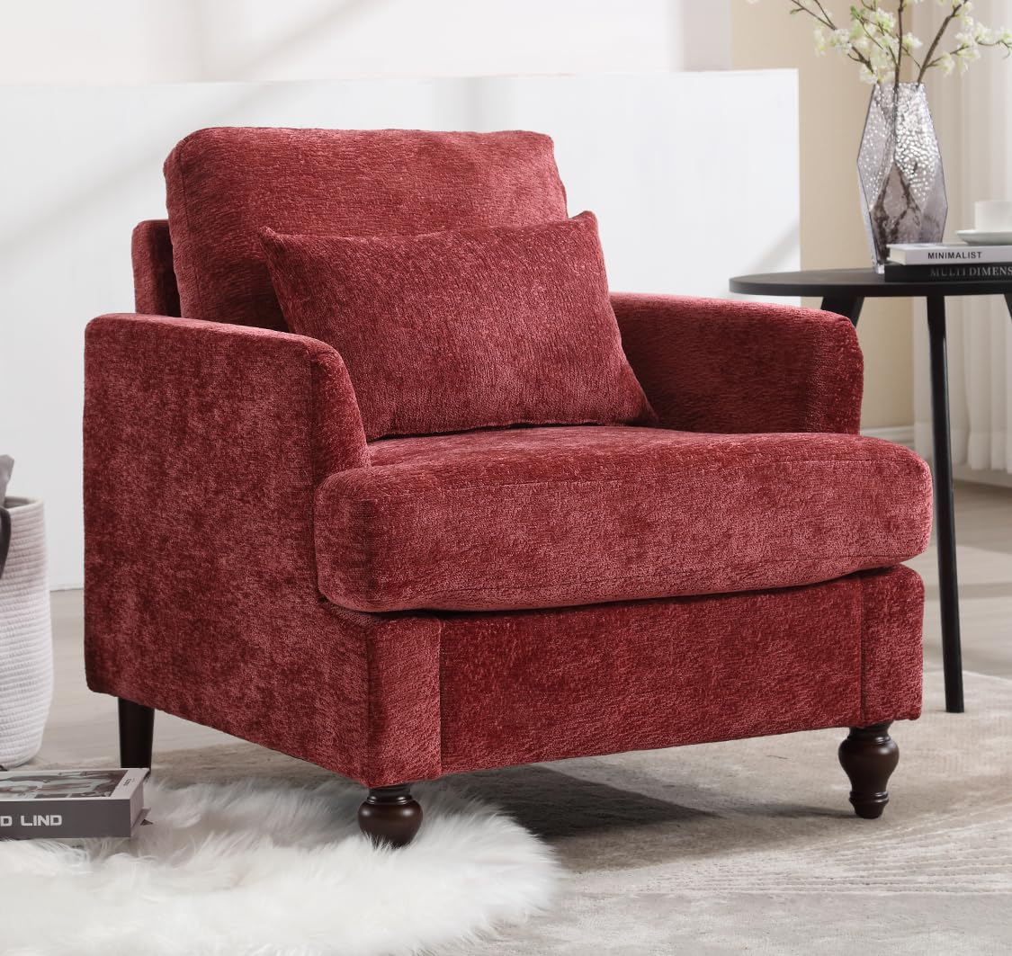 Modern Accent Chair, Single Sofa Arm Chair with Cushion Back, Mid-Century Modern Upholstered Armchair Reading Club Chair for Living Room,Bedroom,Lounge (Wine Red)