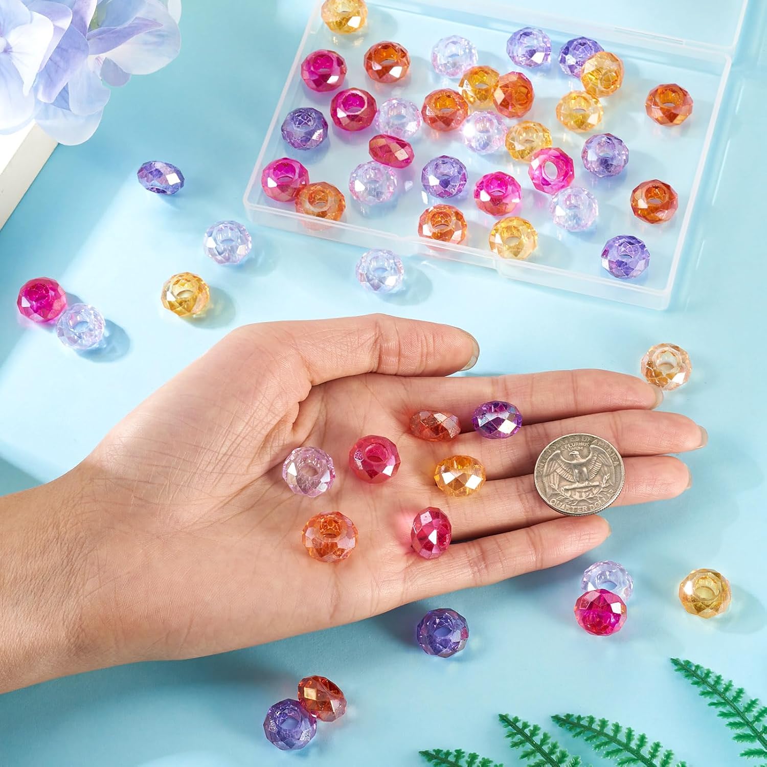 50Pcs Faceted Rondelle Glass Beads Colorful Crystal Large Hole European Beads Clear Loose Spacer Slide Charms Beads No Metal Core 13-14mm for DIY Craft Bracelet Necklace Jewelry Making - Image 4