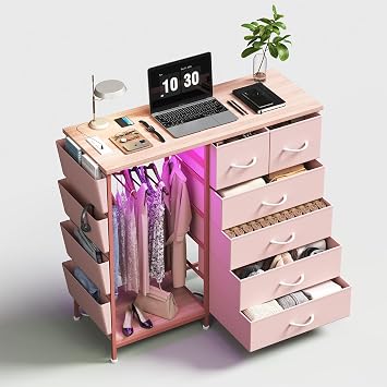 6 Drawer Dresser for Bedroom with Clothes Rack, Clothes Dresser with Side Pockets and Hooks, Charging Station & LED Lights, Wooden Top, Fabric Storage Pink