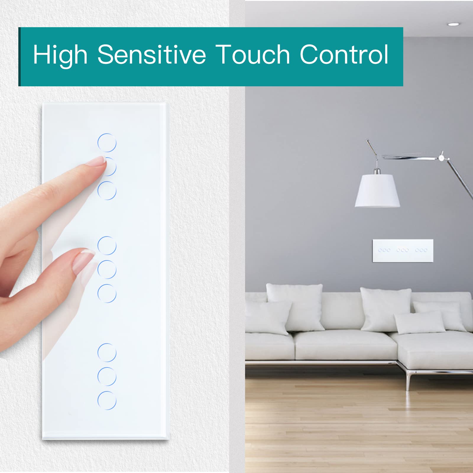 BSEED Dreifach Smart Alexa Wlan Lichtschalter Ohne Neutralleiter, WIfI Touch Schalter aus Glas, Alexa und Google Home Work mit Tuya, 3 Fach+3 Fach +3 Fach 228mm Weiß