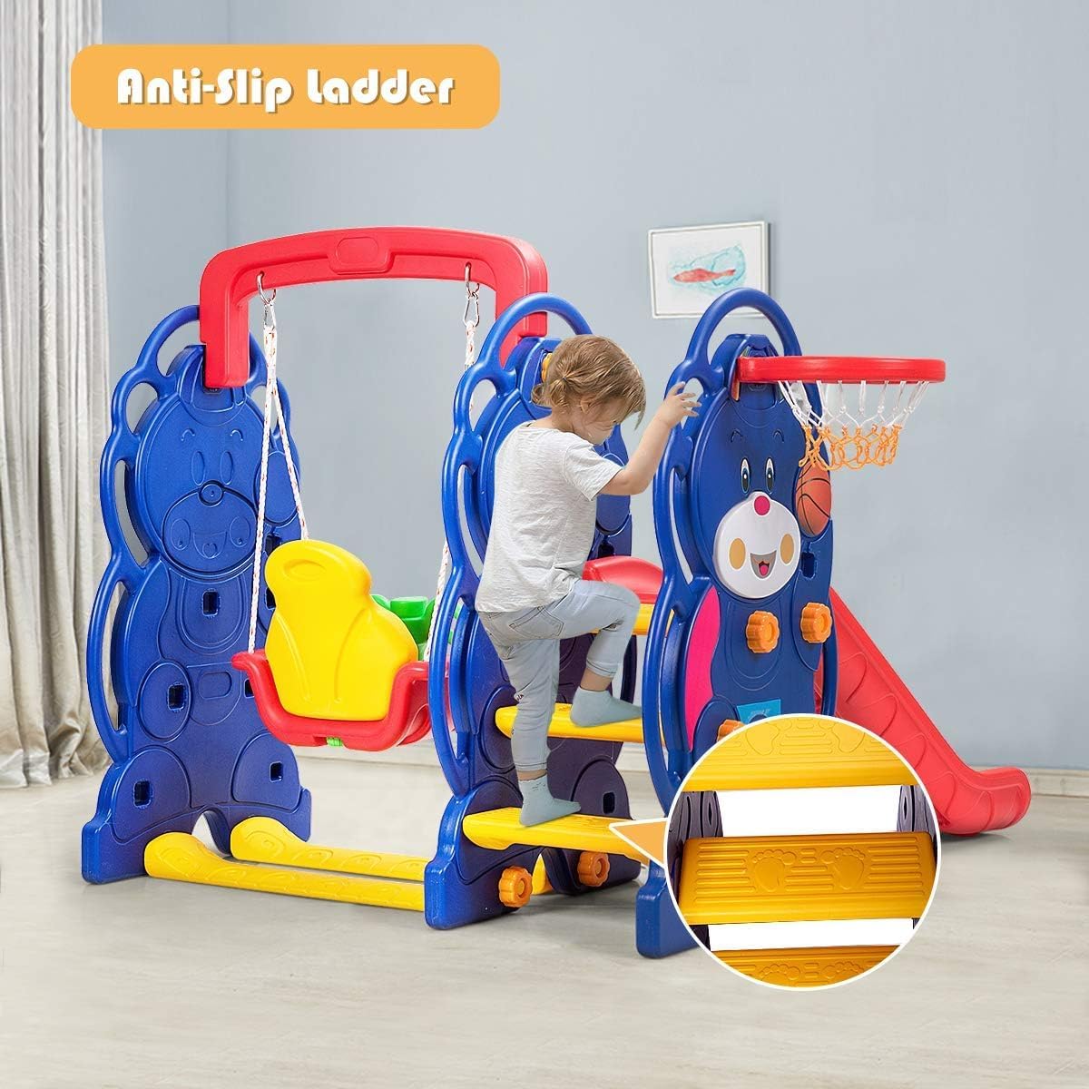 GLACER Kids Slide Swing Playset, All-in-1 Playground Sets for Backyards w/Basketball Hoop, Climber Stairs & Swing, Indoor Outdoor Long Slide with Buffer, Toddler Swing Set for Boys & Girls