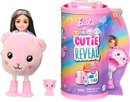 Barbie Cutie Reveal Doll - 6 Surprises Plush Toy Friends Fashions Colour Changing Fun Pink Plush Teddy Bear Chelsea Doll Accessories for Children from 3 Years HKR19