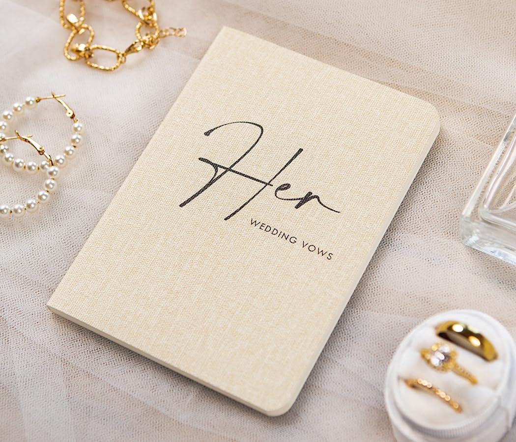 Slim Vow Books (Set of 2 - Design 4) - Soft Cream Canvas Linen Textured Cover Wedding Vow Booklets, Ceremony Speech Promise Notebook Journal, Gift for Newly Engaged Couple, 48 Lined Pages, 5.75" x 4"