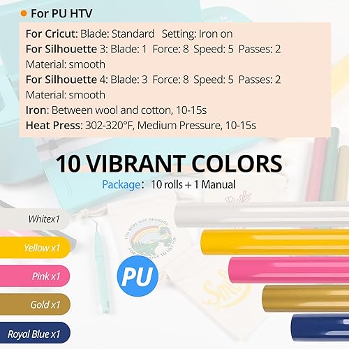 Miniatura 3 de Paquete de 10 vinilos de transferencia de calor HTV de 12 pulgadas x 3 pies para camisas, rollos de vinilo para planchar para Cricut, fácil de