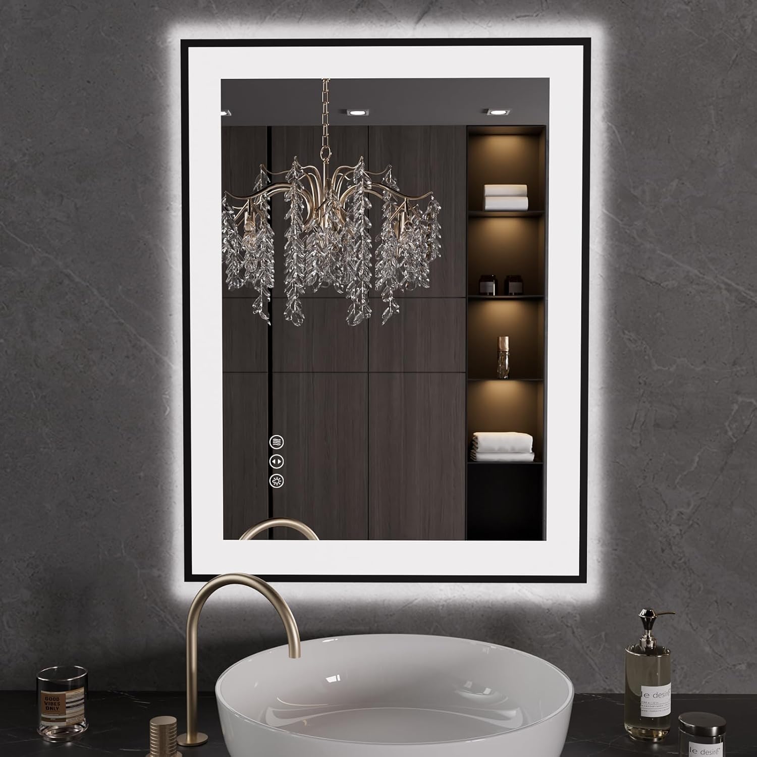 LOAAO 24"X32" LED Bathroom Mirror Black Framed, Anti-Fog, Dimmable, Lighted Bathroom Vanity Mirror for Wall, Memory Function, Tempered Glass Led Bathroom Mirror Black Framed(3 Light Modes) 24"L x 32"W