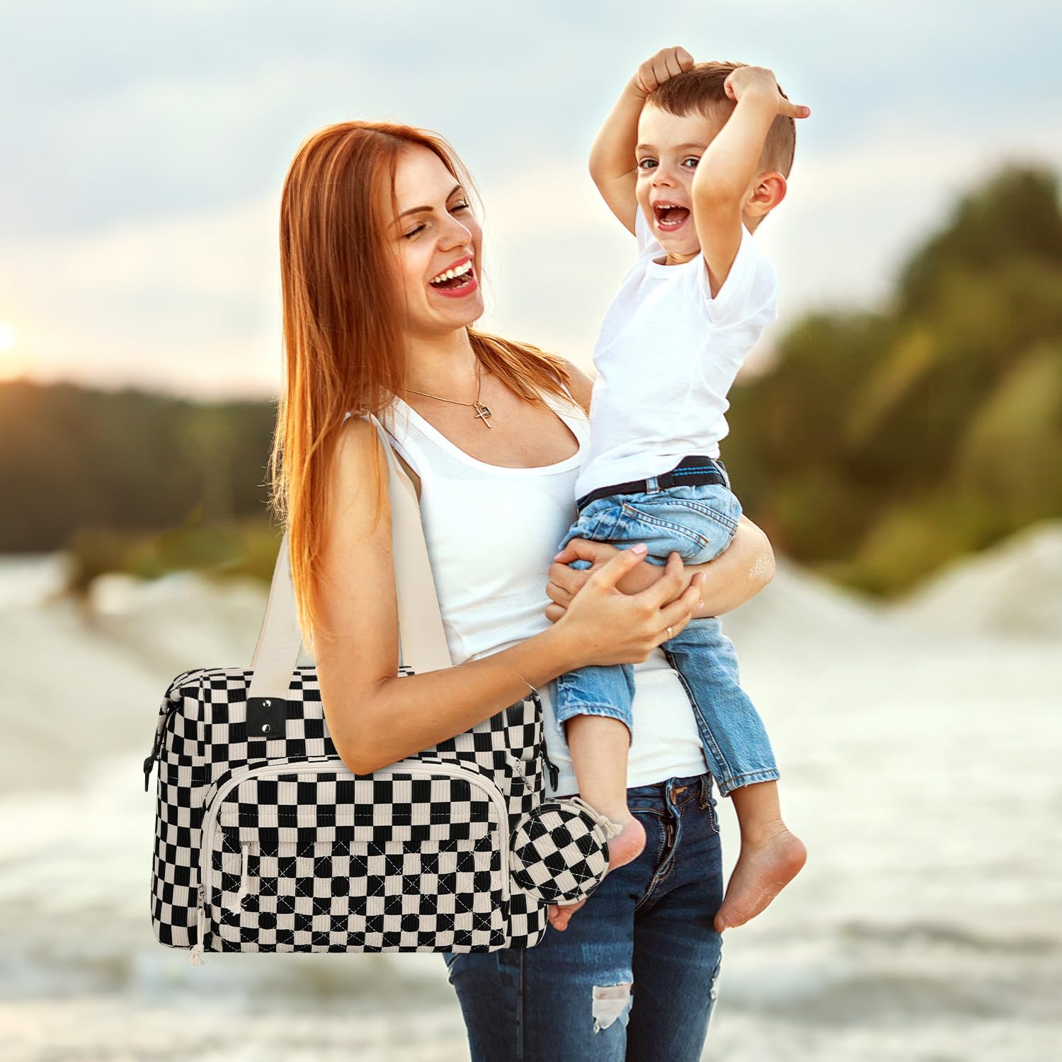 Tenot Corduroy Diaper Bag Tote, Baby Bag Travel Diaper Tote Bag with Pacifier Case, Large Baby Diaper Bags for Women, Ctue Diaper Bags For Baby Girl Boy Mom Maternity Hospital Bag, Black Checkered