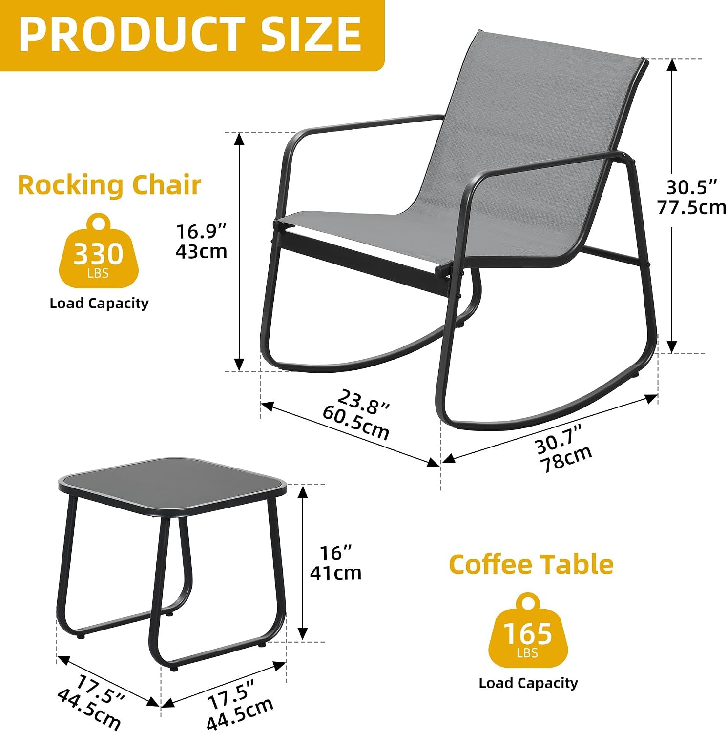 DWVO 3 Piece Patio Furniture Set Outdoor Textilene Bistro Set Modern Porch Furniture Patio Chairs Set of 2 with Coffee Table for Backyard, Lawn, Garden, Balcony, Poolside - Grey