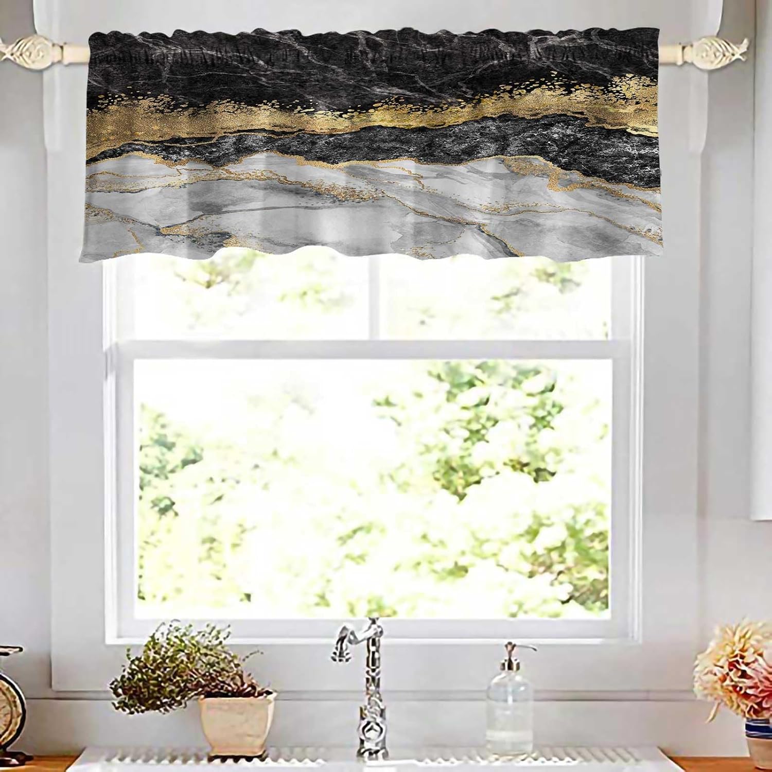 CAPSCEOLL Window Valance Abstract and Gold Foil Rod Pocket Blackout Valance Curtains Marbling Window Treatments Valances for Living Room Bedroom Bathroom (52x18 Inch, 2 Panels)
