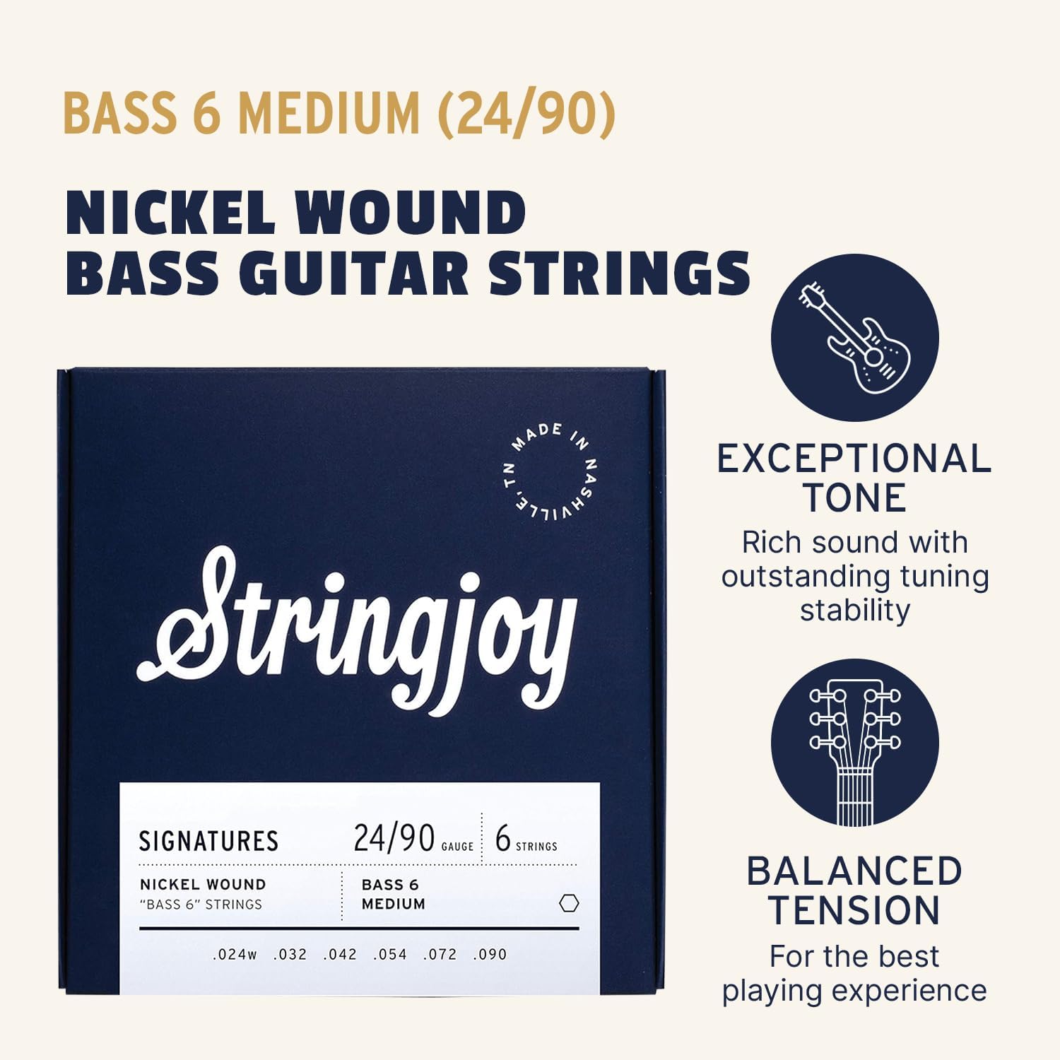 Stringjoy Signatures Nickel Wound Bass VI Strings, 24-90 Balanced Medium Gauge, 6 String Electric Guitar Set, Optimal Tone and Durability, Made in Nashville, TN USA
