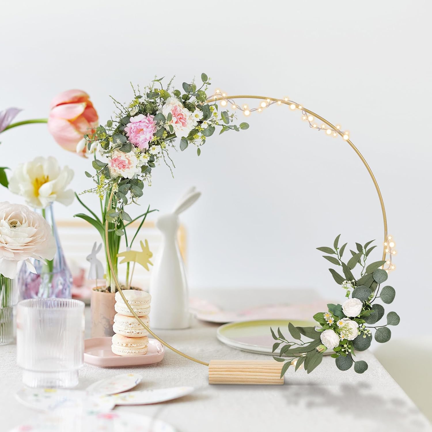 12pcs 30cm Gold Metal Floral Hoop Wreath Frame Set with Stand for Wedding Table Centerpieces and DIY Seasonal Decorations