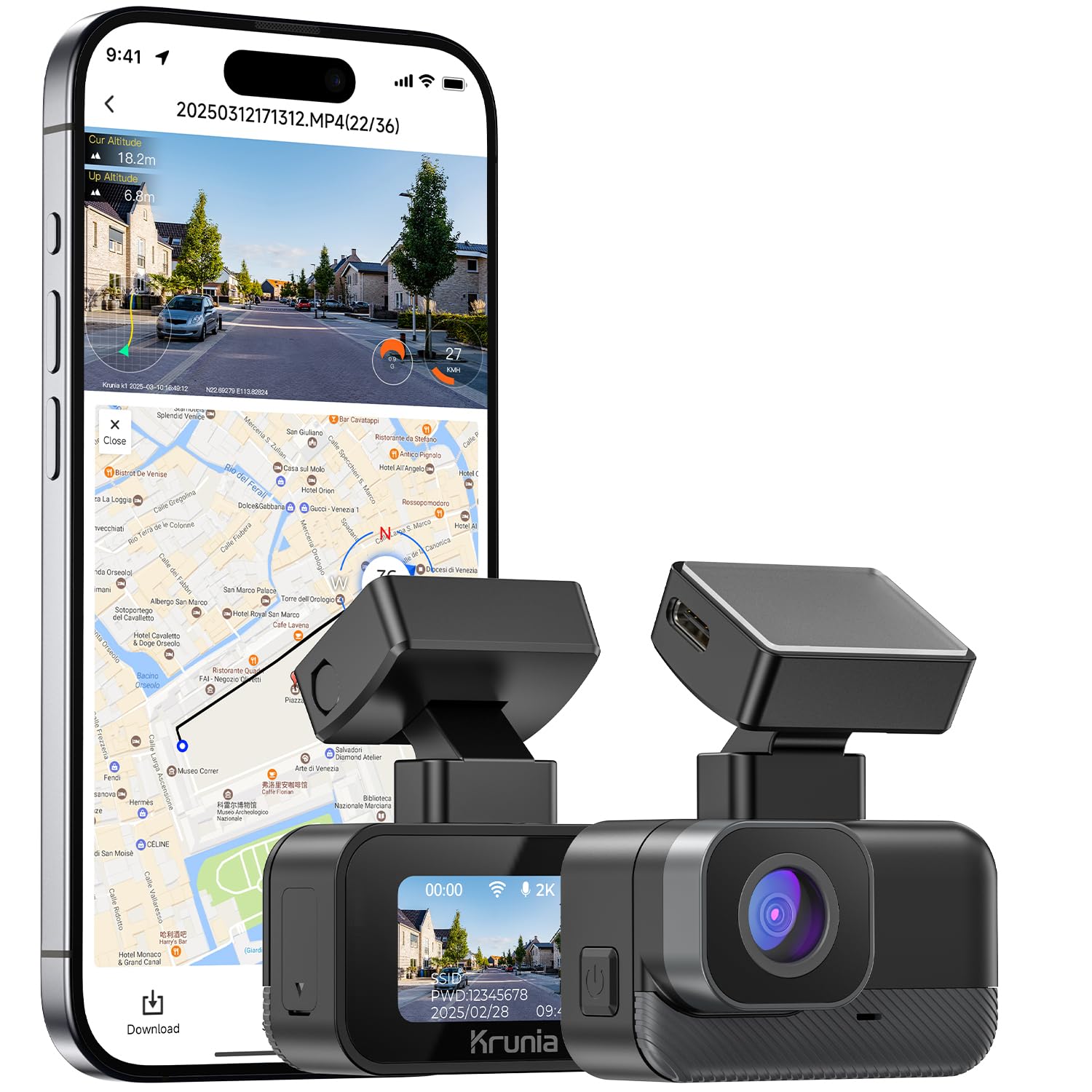 Krunia 2K WiFi Mini Dash Cam Car, Front Camera with App, CPL Support, External GPS, WDR Night Vision, 24 Hours Parking Monitoring, Magnetic Holder, Super Capacitor, 170° Wide Angle Camera