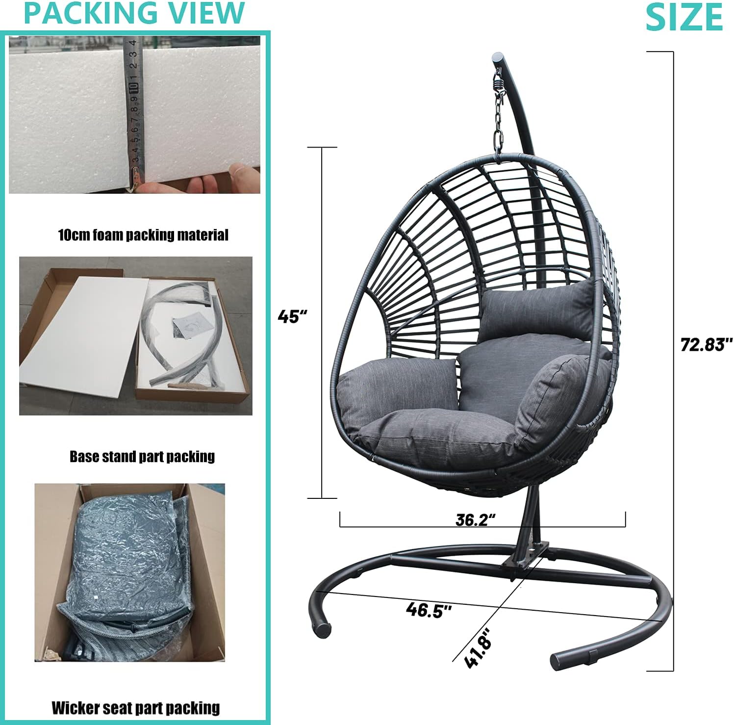 JOYBASE Hanging Egg Chair with Stand, Outdoor Wicker Rattan Egg Swing Chair with Stand and Cushion for Indoor Outdoor Bedroom Patio Garden (Grey/Black)
